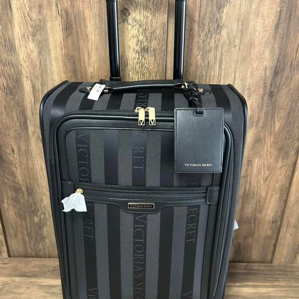 Victoria's Secret black striped suitcase and 4 pcs train case